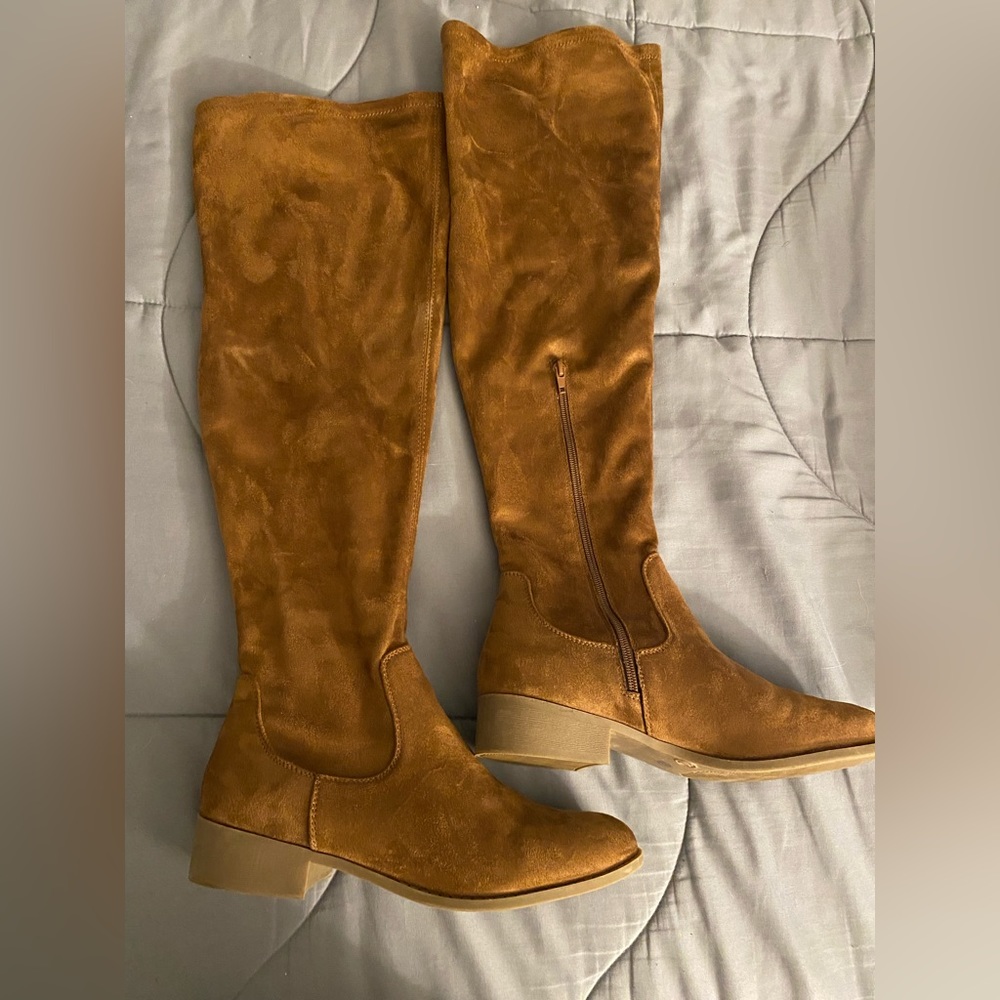Camel knee high boots
